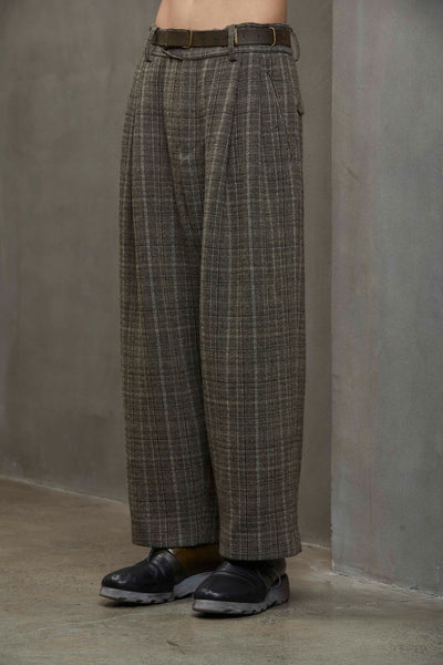 CLASSIC PLEATED WIDE LEG PLAID TROUSERS