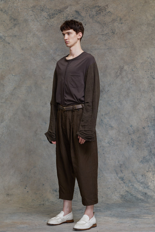 LEATED DROP-CROTCH CROPPED TROUSERS
