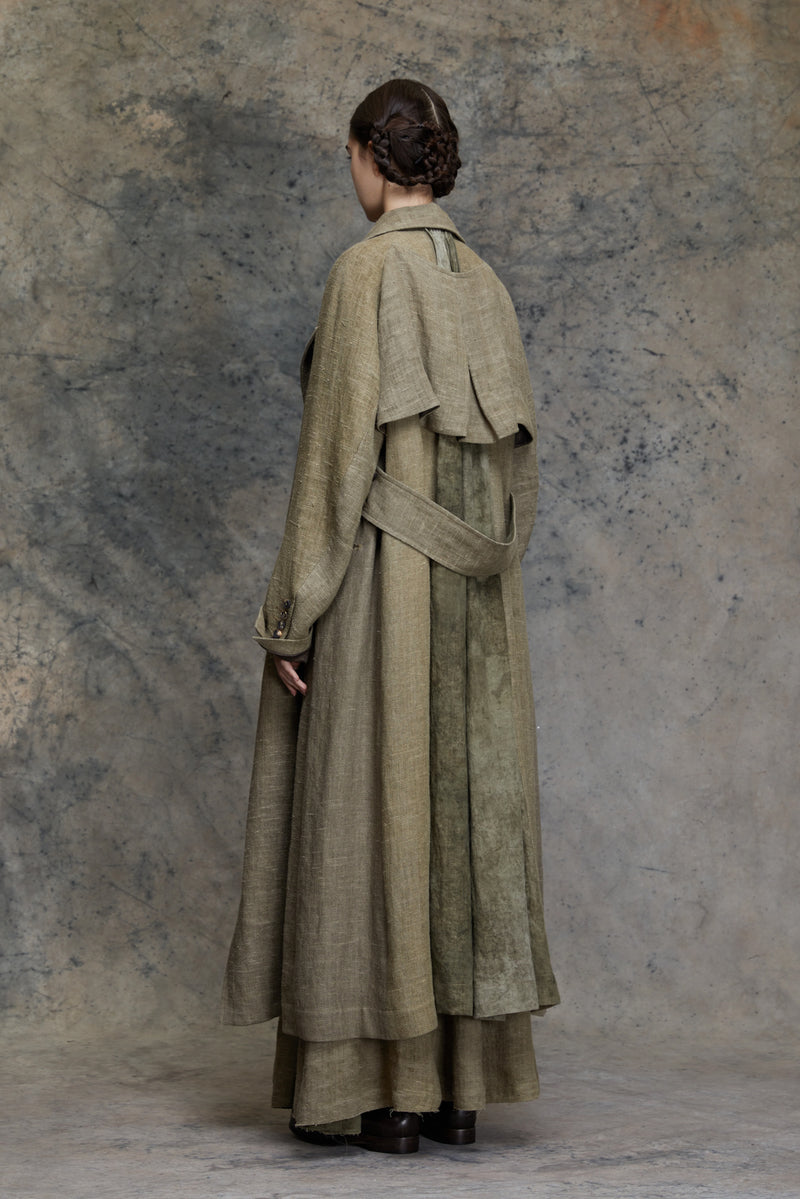 ELONGATED BACK PLEATS DOUBLE BREASTED TRENCH COAT
